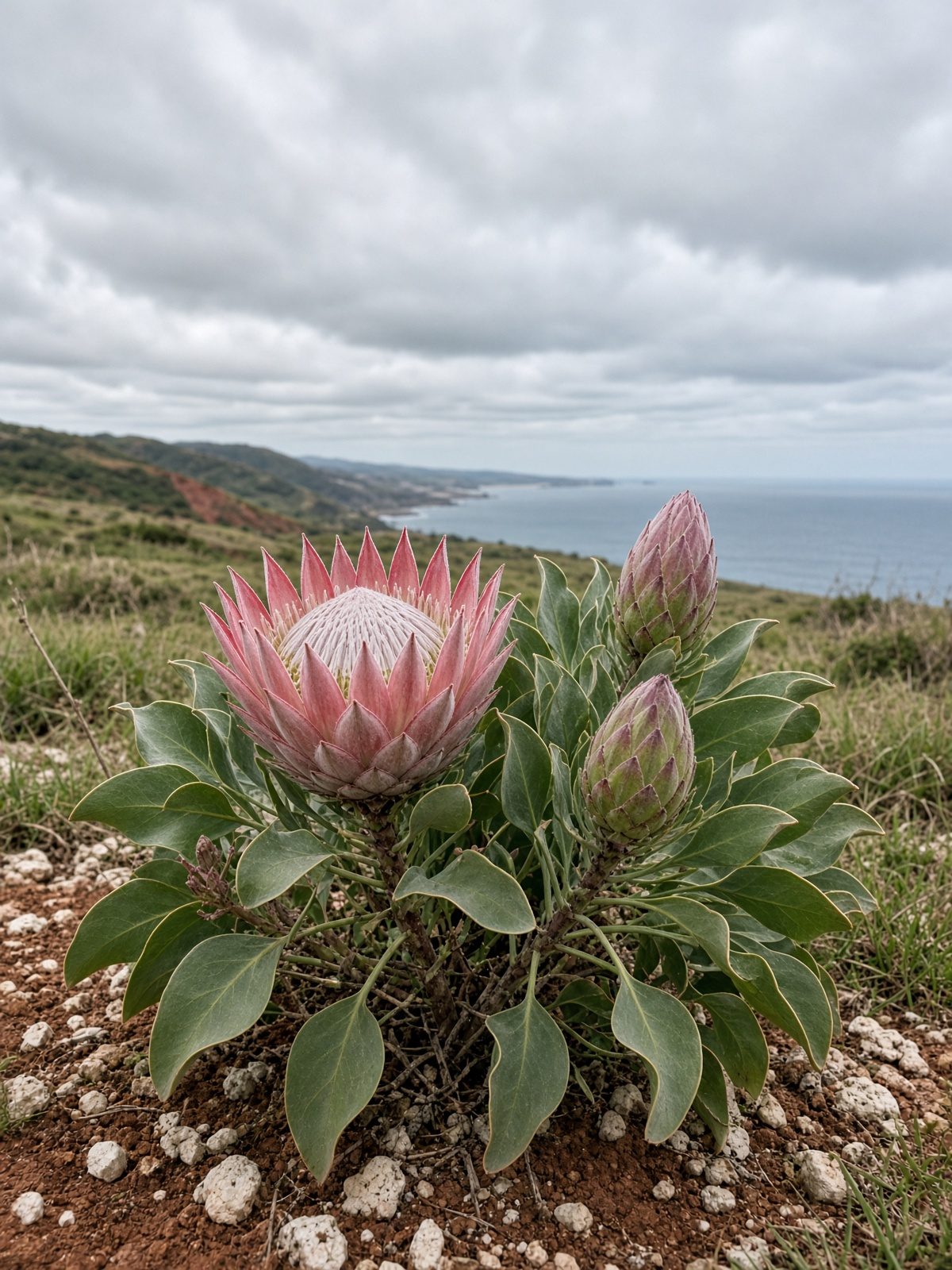 A King protea bush with one open flower and tight buds, on a ridge above the sea