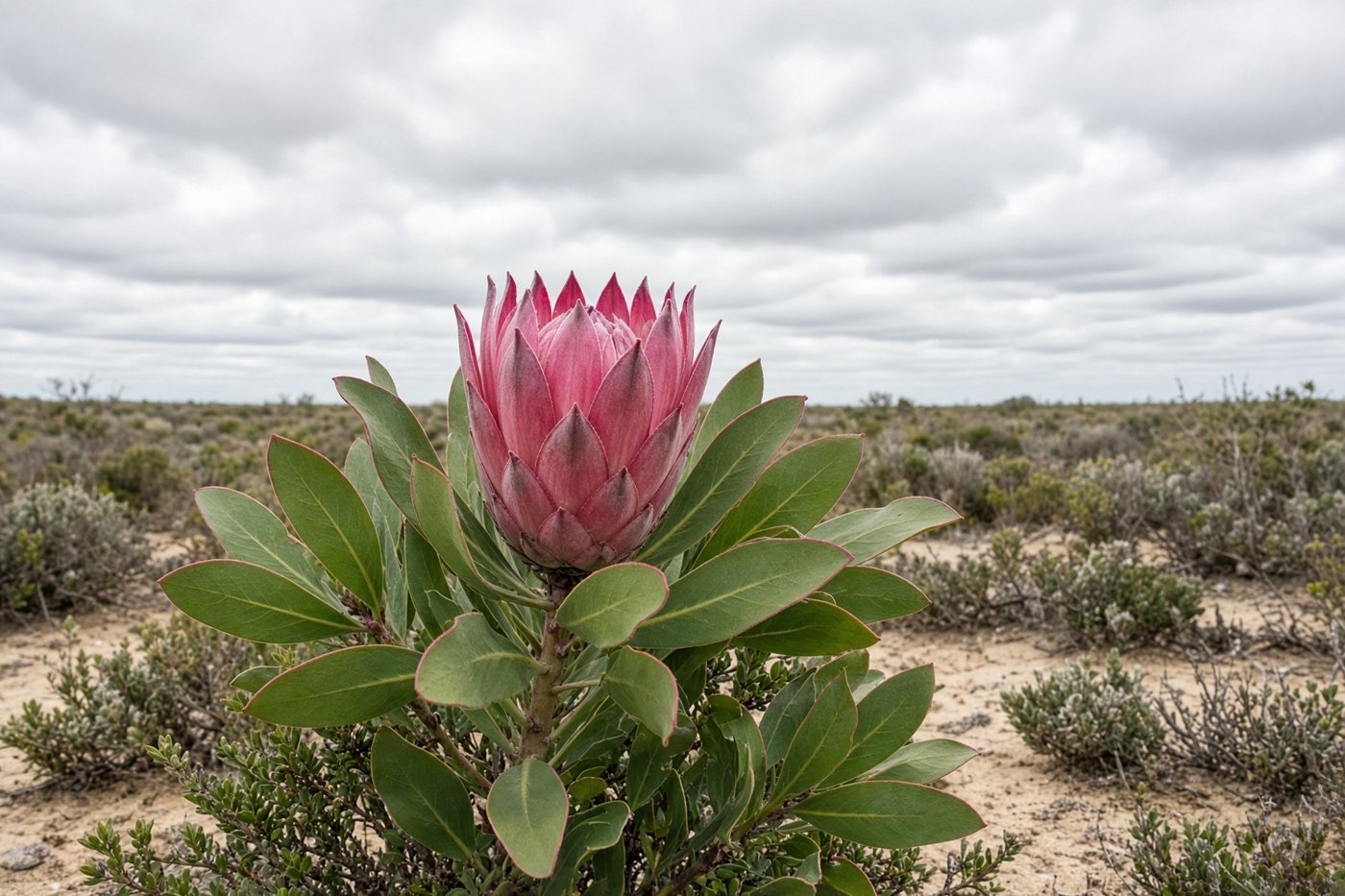 Protea compacta, a deep pink cup-shaped flower with broad leaves