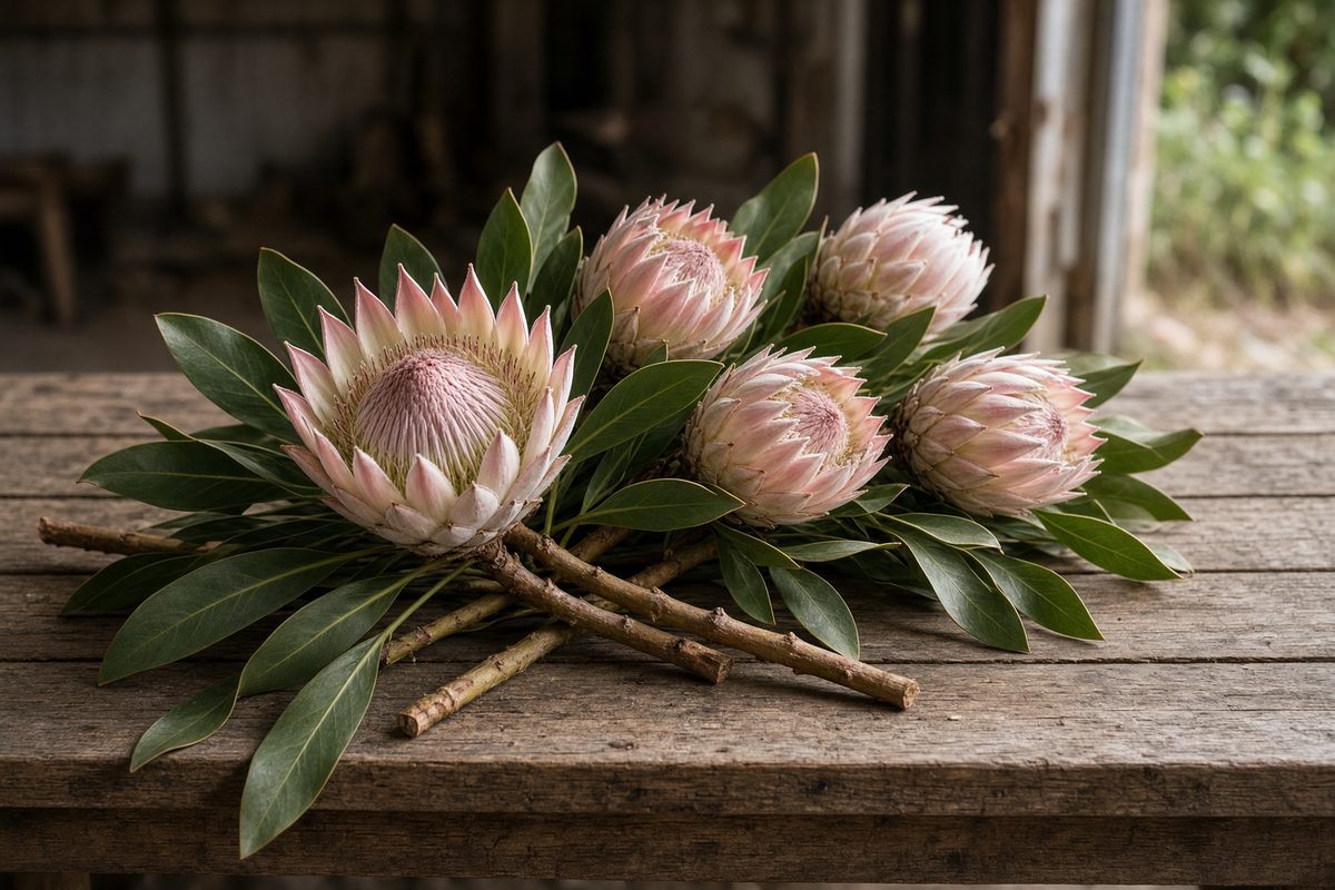 Cut King protea stems on a wooden bench