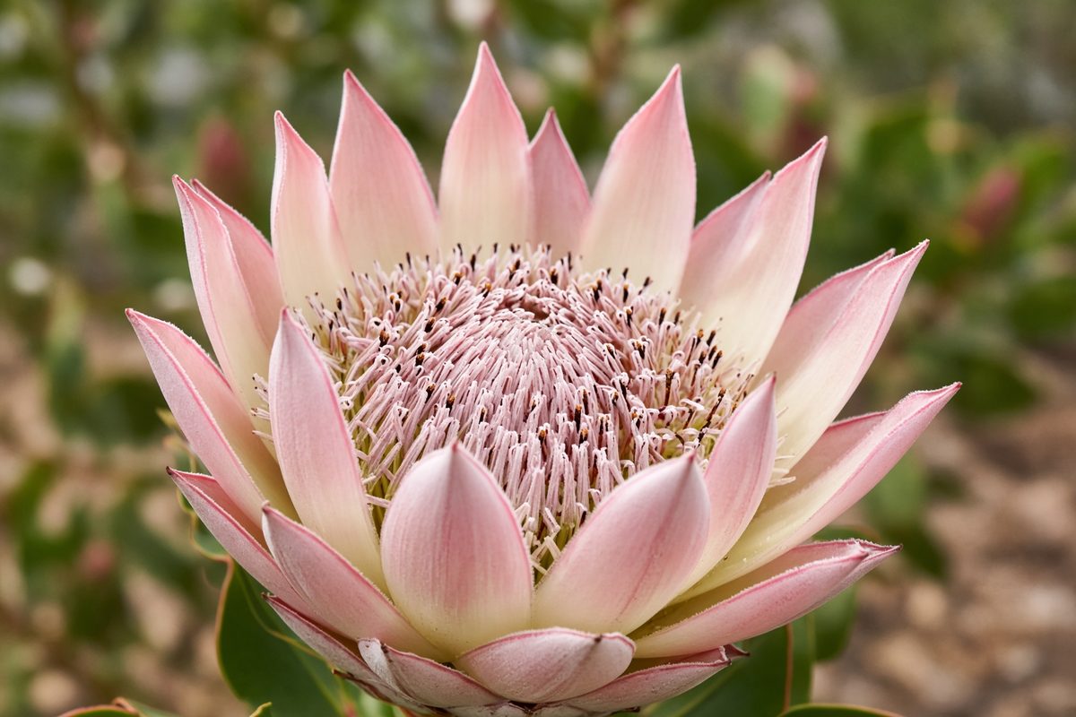 Close view of an open King protea head