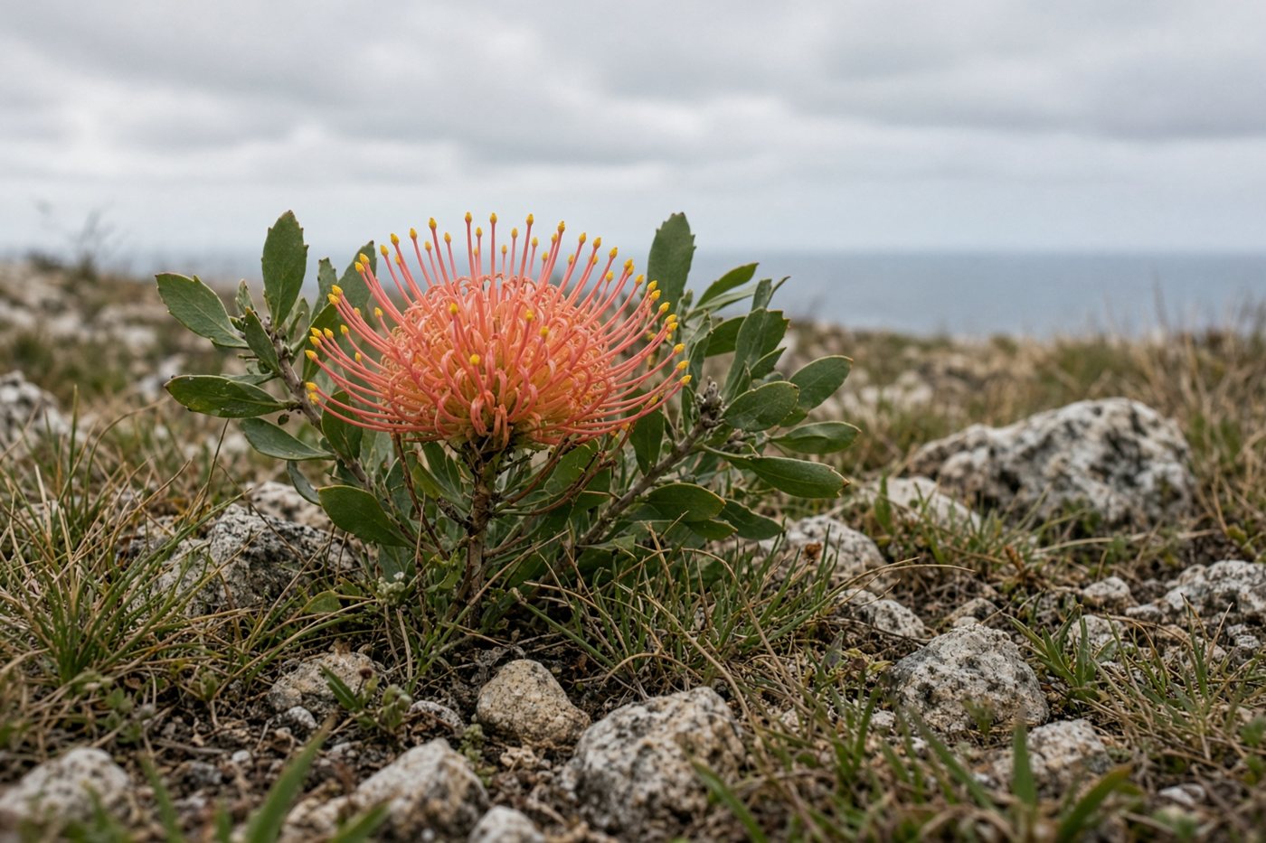 A pincushion flower growing among stones and grass