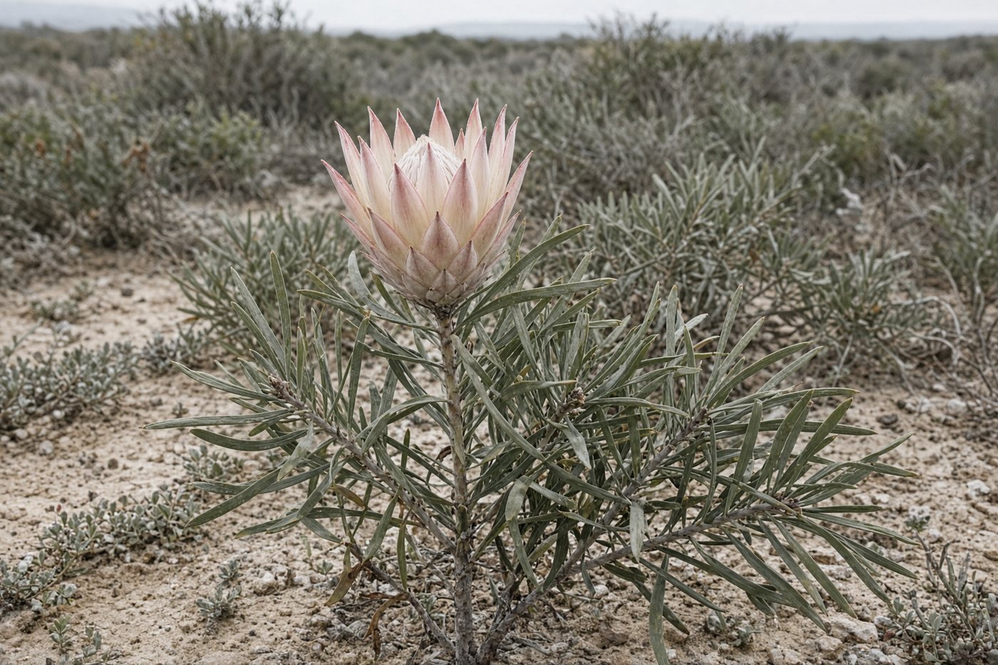 Sugarbush in flower, with narrow grey-green leaves and a pale pink head
